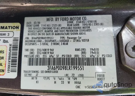 2020 Ford Fusion Titanium from USA, damaged, VIN 3FA6P0D98LR199551